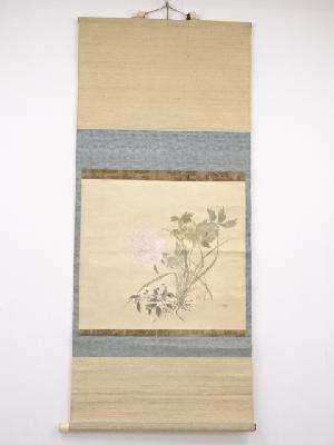 古物　日本画　椿椿山筆　草花図　肉筆絹本掛軸（牙軸）　□z